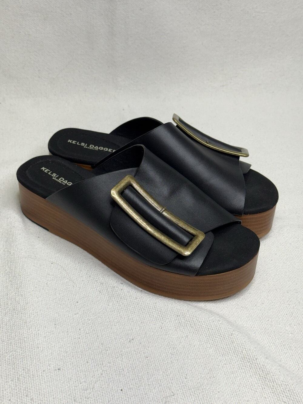 Kelsi Dagger Dover Woven Platform Black Leather Slide Sandals Wedge Buckle Sz 8